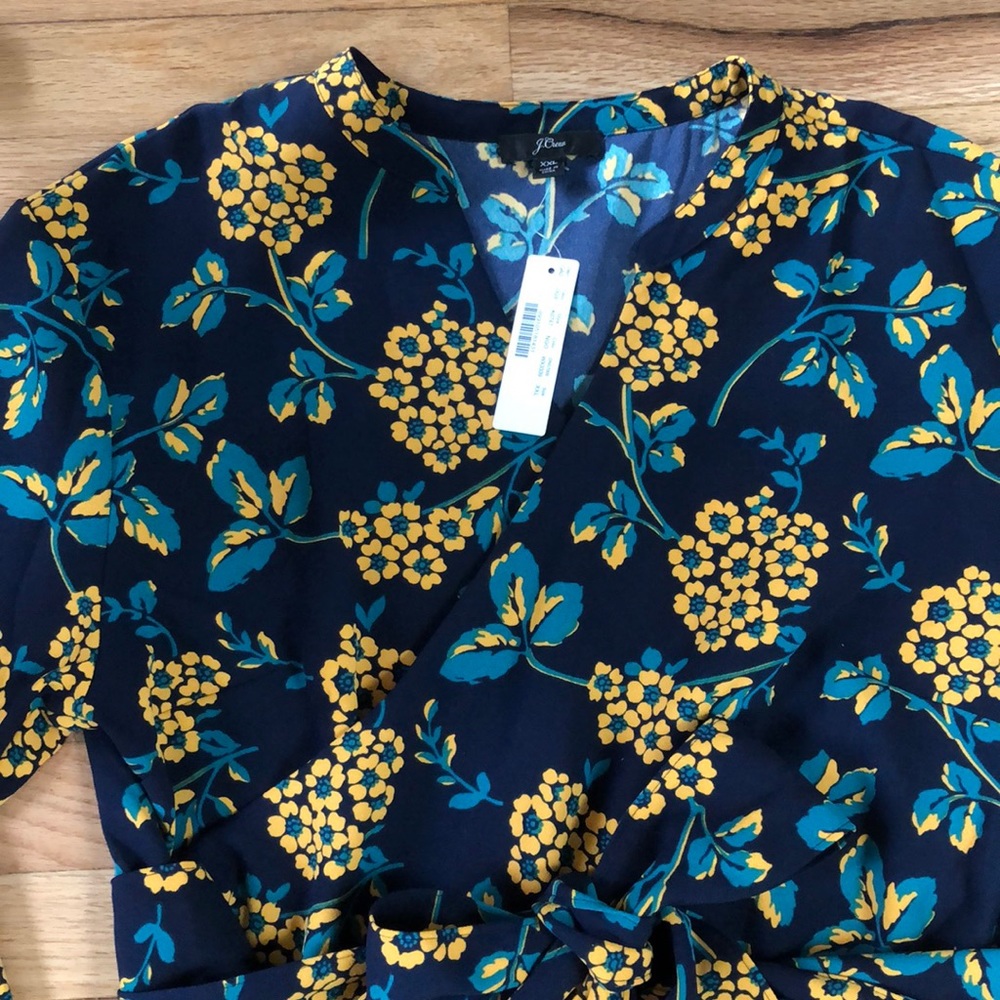 J. Crew Navy Blue Floral Wrap Blouse with Yellow Flowers - Picture 3 of 8